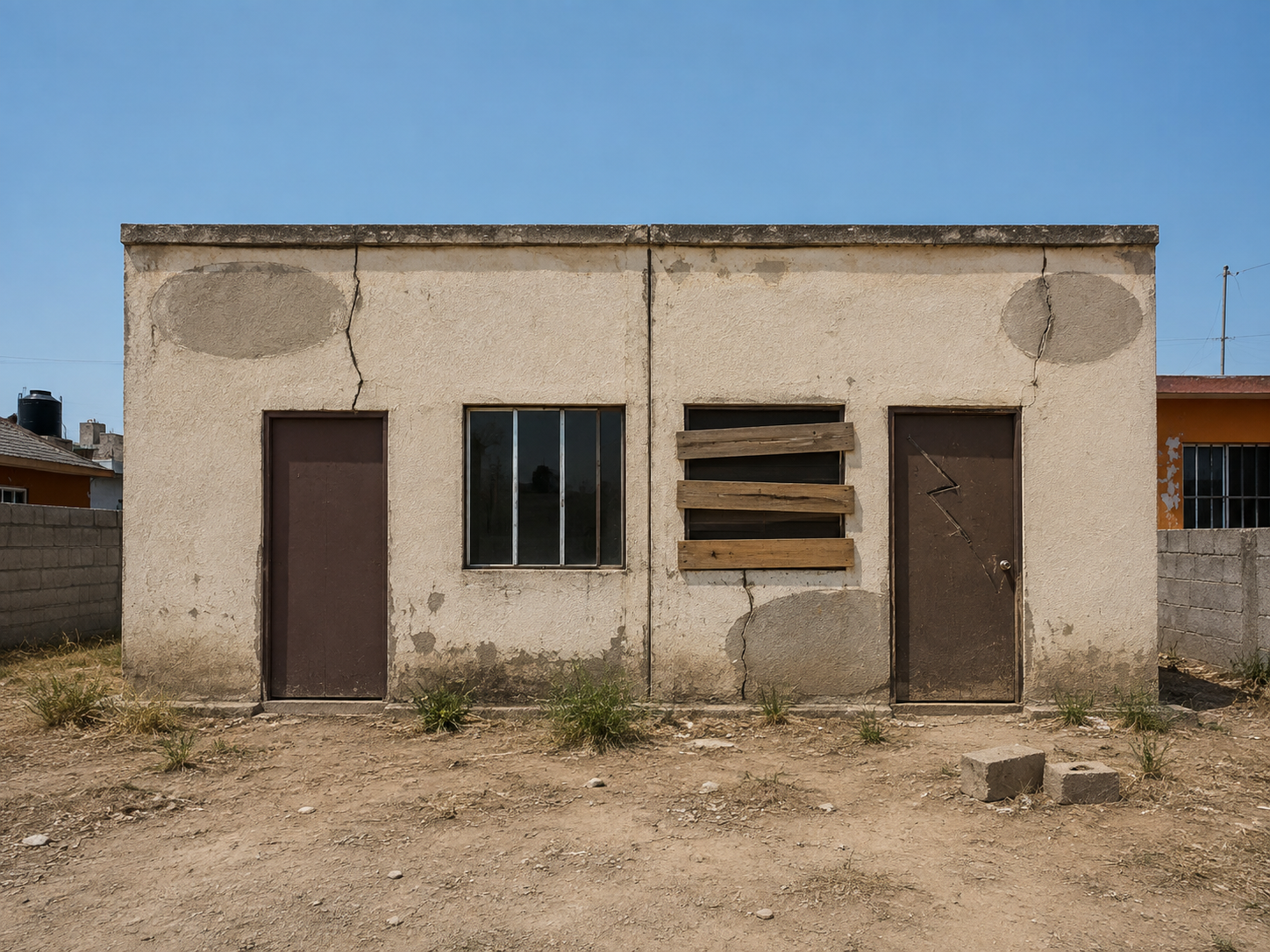 Casa en mal estado en Chihuahua antes de remodelar: muros manchados, grietas y ventanas con rejas oxidadas