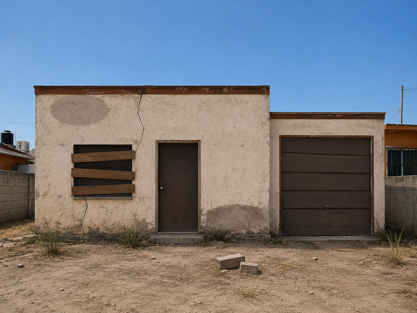 Casa abandonada con adeudos en Chihuahua: cochera con portón vencido, ventana tapiada y patio con escombro
