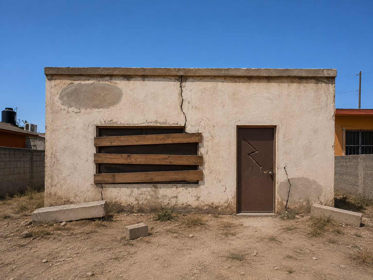 Vivienda de interés social con deuda Infonavit en Chihuahua antes de remodelar: ventanal tapiado, barda caída y patio con escombro