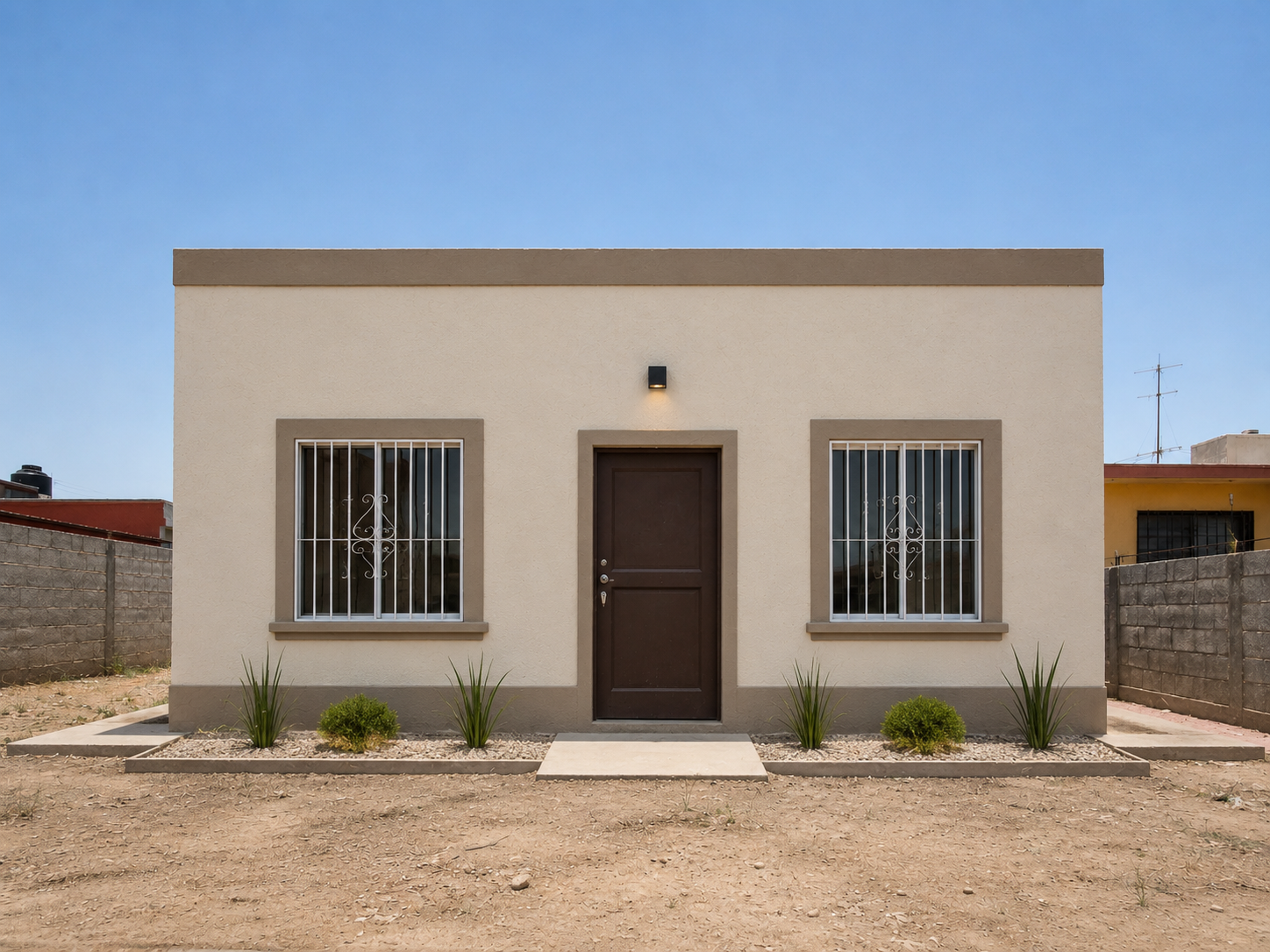 Casa de interés social en Chihuahua después de la rehabilitación de Grupo 369: fachada pintada, ventanas y puerta nuevas, patio limpio